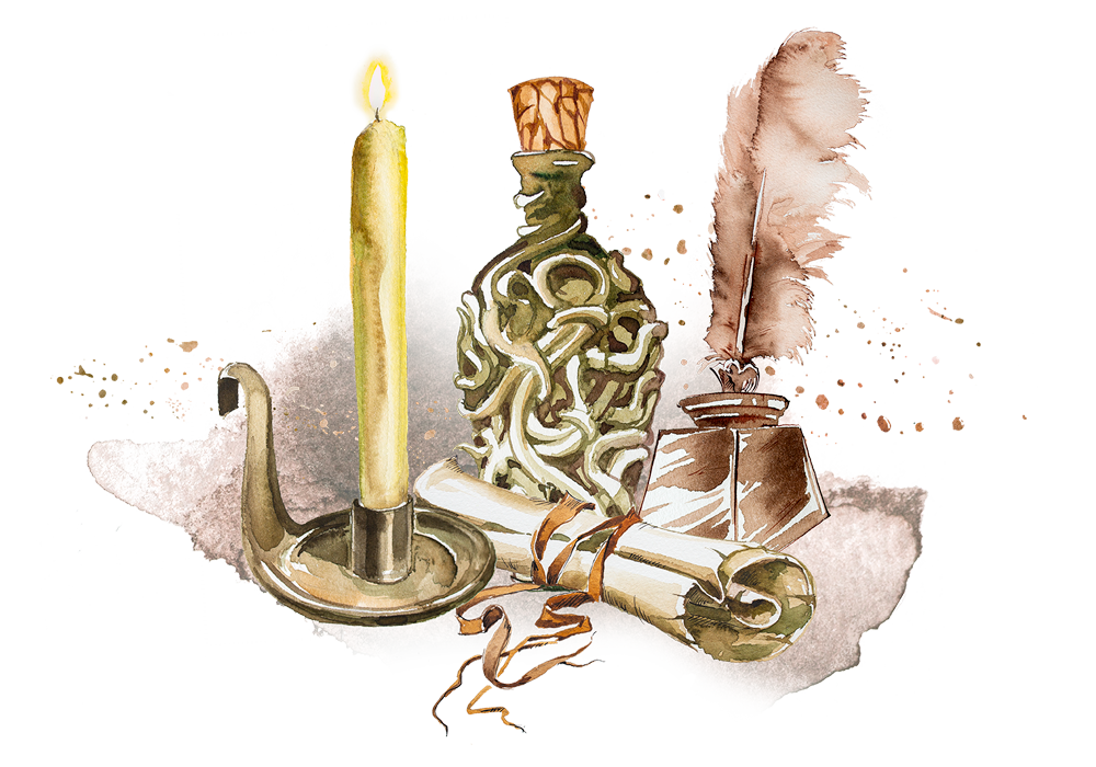 candle, scroll, bottle, and ink well